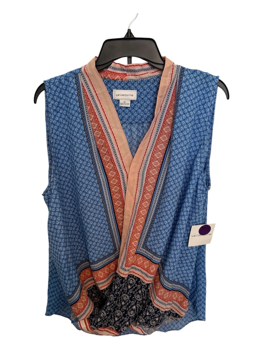 Liz Claiborne Blue with Coral Trim Sleeveless Printed Wrap-Style Top